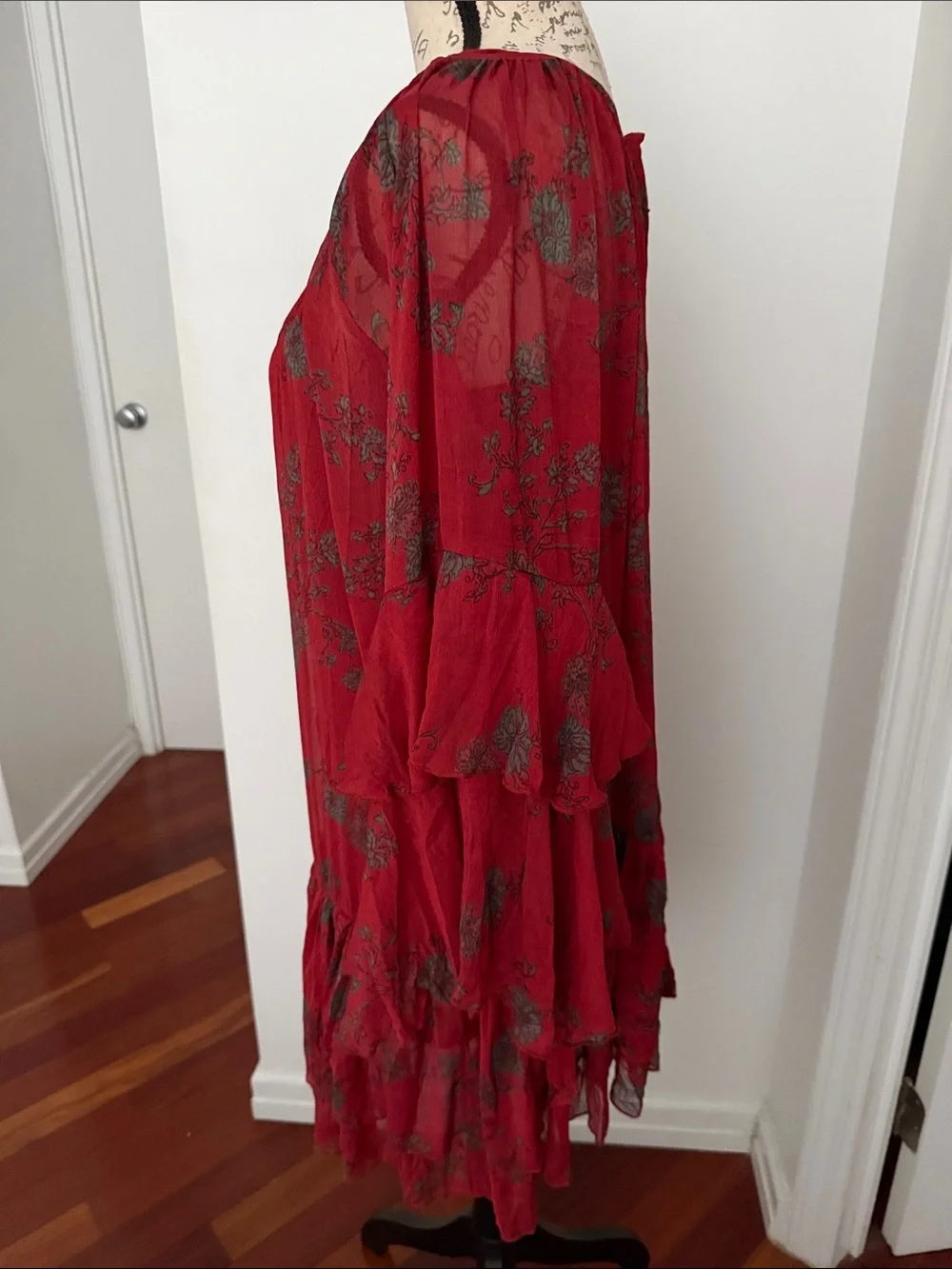 Free People Red Floral Tie-Neck Ruffle Tunic